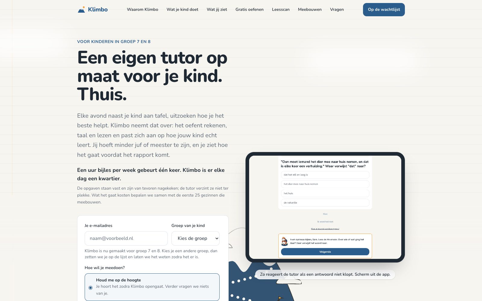 De landingspagina van Klimbo